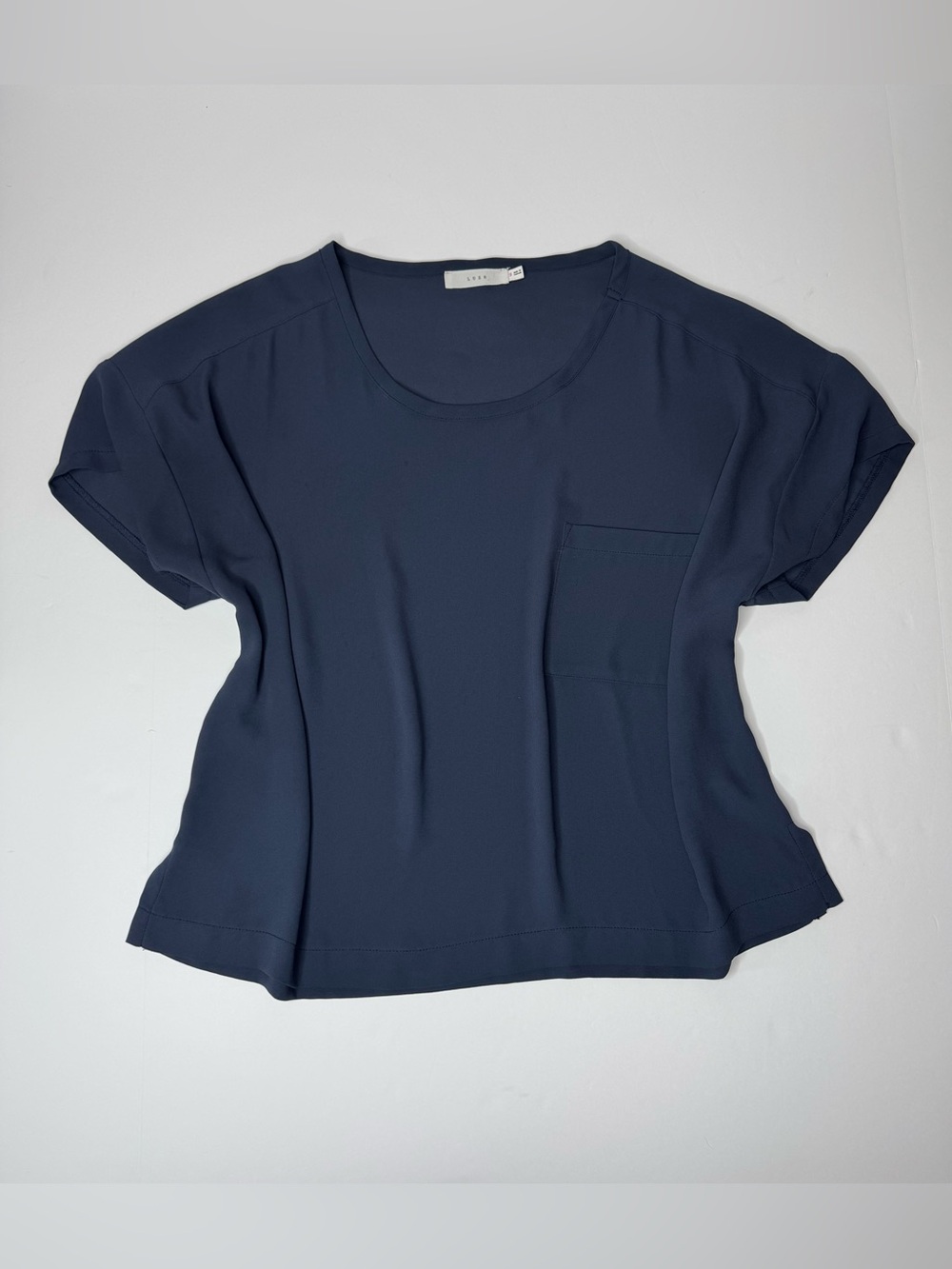 Lush Blue Sheer Cropped Blouse Top Small Oversized Pocket Minimalist